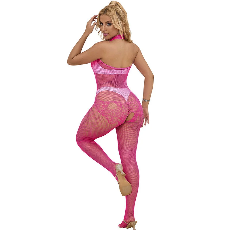 SUBBLIME - 952389 Bodystocking Crotchless De Rejilla Y Encaje Con Cuello Alto Rosa Talla Única - Imagen 3