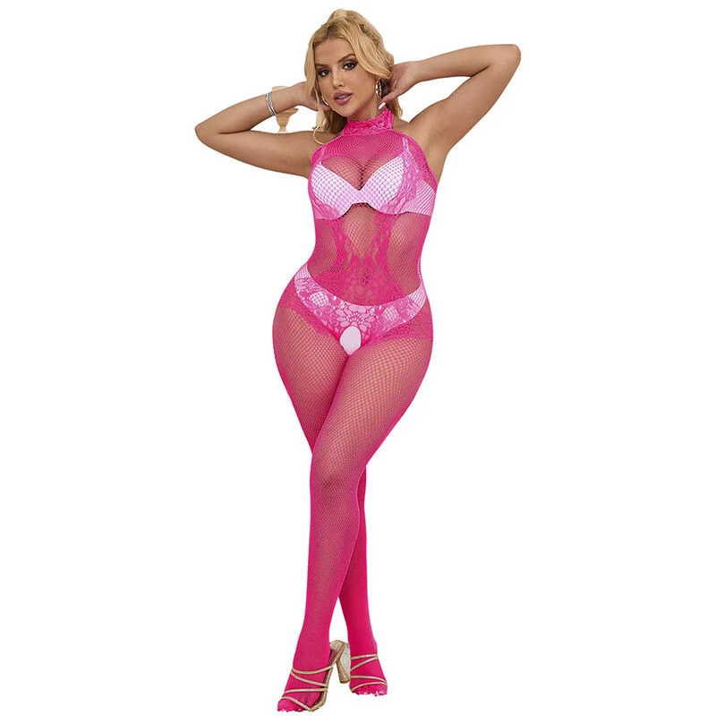 SUBBLIME - 952389 Bodystocking Crotchless De Rejilla Y Encaje Con Cuello Alto Rosa Talla Única - Imagen 5