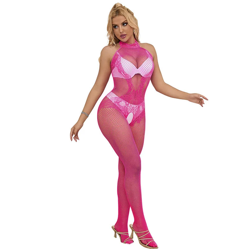 SUBBLIME - 952389 Bodystocking Crotchless De Rejilla Y Encaje Con Cuello Alto Rosa Talla Única - Imagen 6