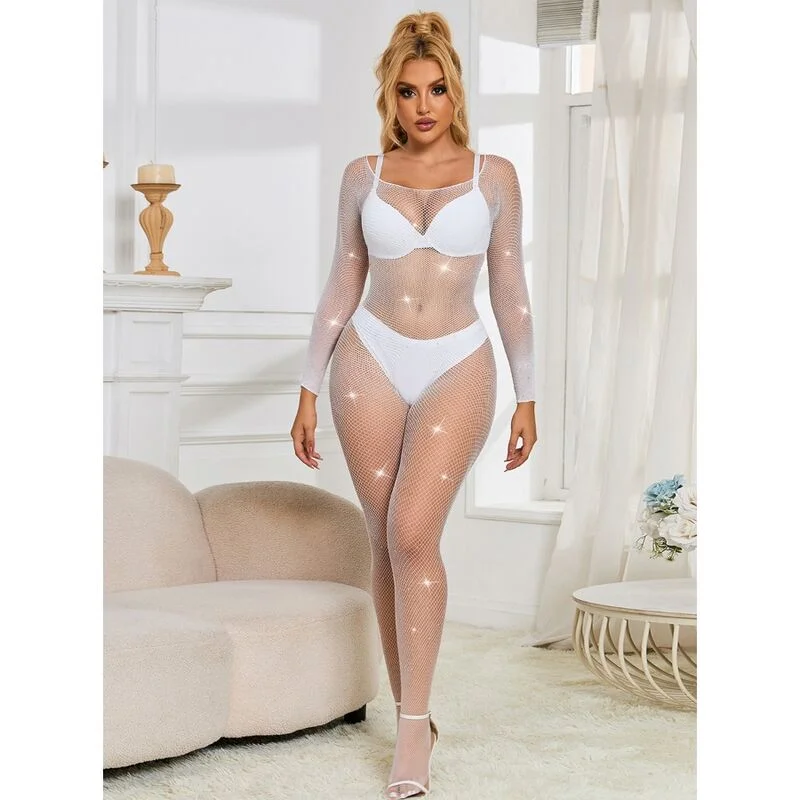 SUBBLIME - 952396 Bodystocking De Rejilla Con Diamantes Manga Larga Blanco Talla Única - Imagen 5