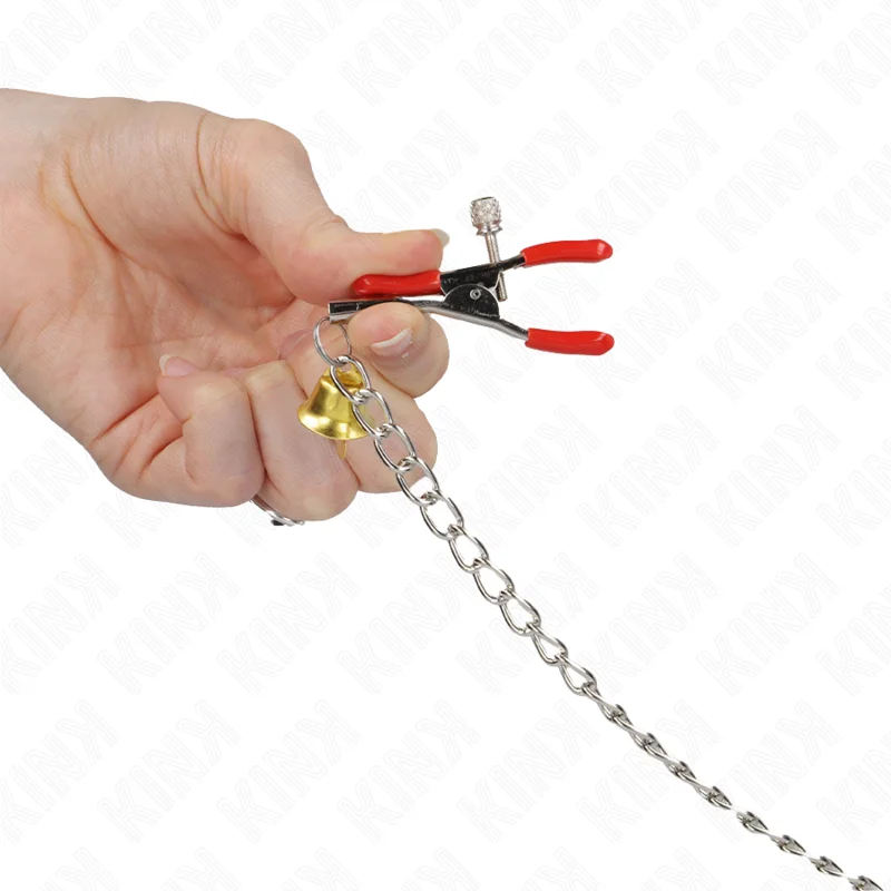 KINK - Pinzas Para Pezones Y Clítoris Rojas Con Cascabel Dorado Y Cadena 30 Cm - Imagen 4
