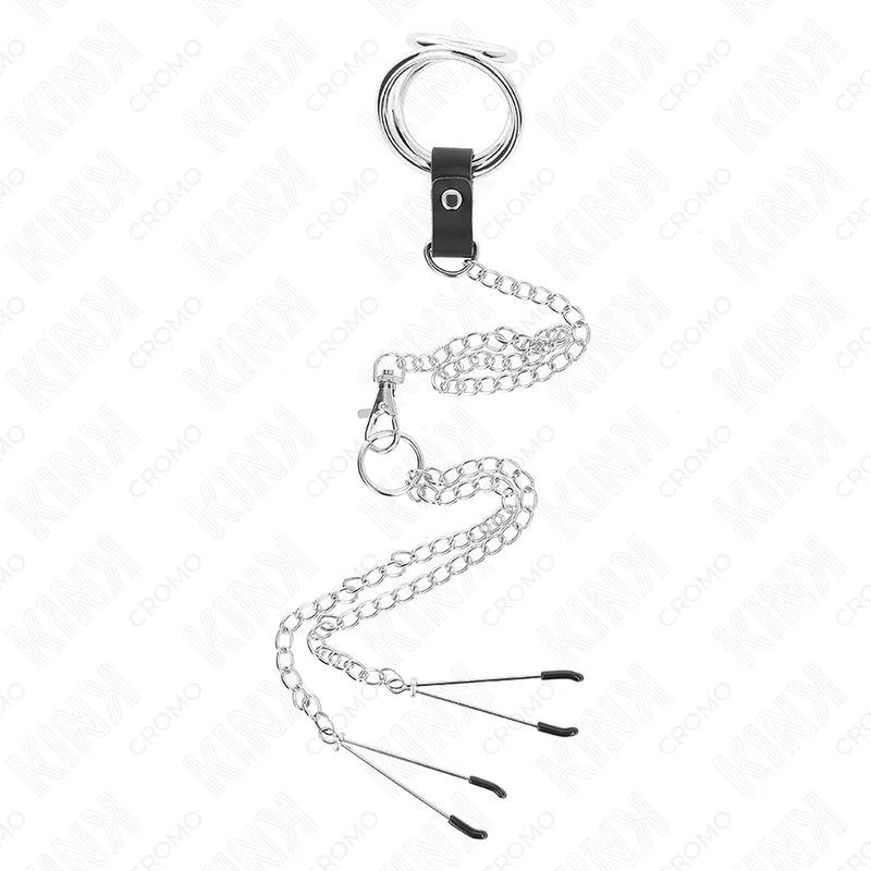 KINK - Anillo Pene Triple Metal Cromado 3 Cm A 4.5 Cm Con Cadena Metal 26 Cm Y Pinzas Para Pezones - Imagen 4