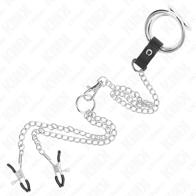 KINK - Anillo Pene Triple Metal Cromado 3 Cm A 4.5 Cm Con Cadena Metal 26 Cm Y Pinzas Para Pezones - Imagen 6