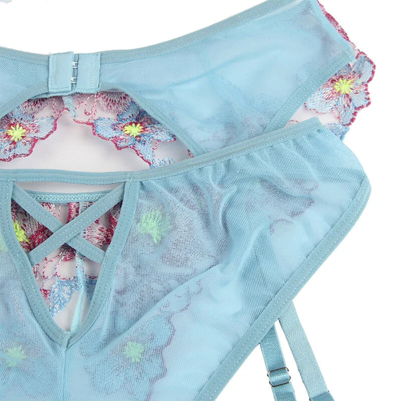 SUBBLIME - 954109 Sujetador + Panties Con Liguero Diseño Floral Azul S/M - Imagen 8