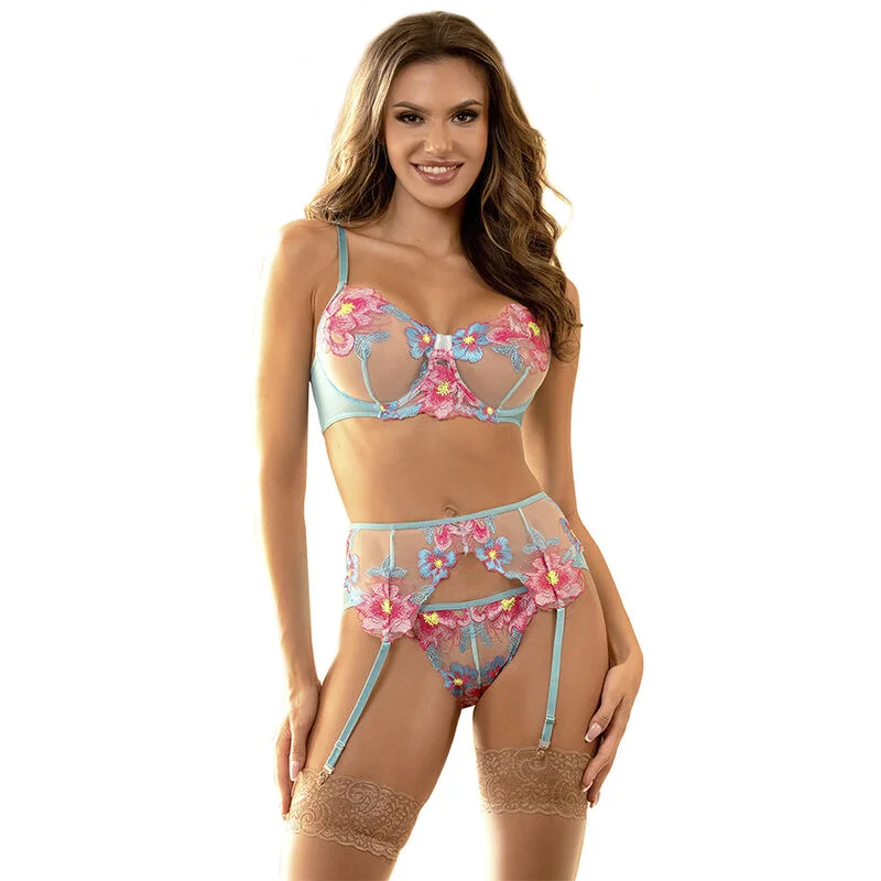 SUBBLIME - 954116 Sujetador + Panties Con Liguero Diseño Floral Azul L/Xl